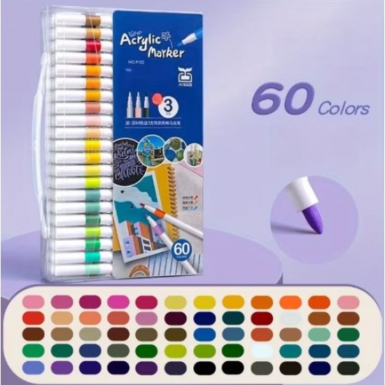 Acrylic markers, 60 colors, quick-drying, with a rubber grip
